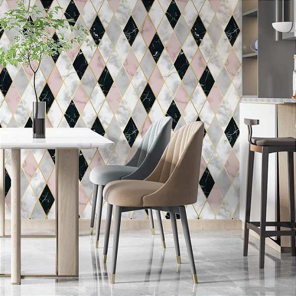 Papel de Parede Adesivo Vinil Mármore Losango Rosa Gold Cozinha Lavabo Sala