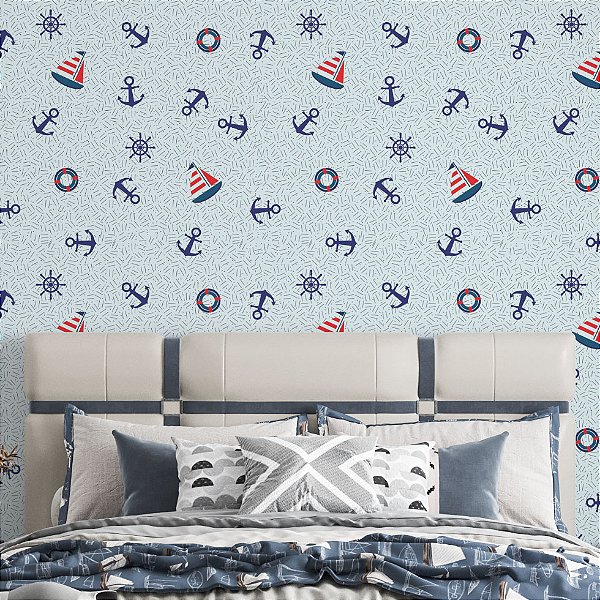 Papel de Parede Adesivo Vinil Âncora Barquinho Mar Timão Abstrato Vintage Quarto Infantil
