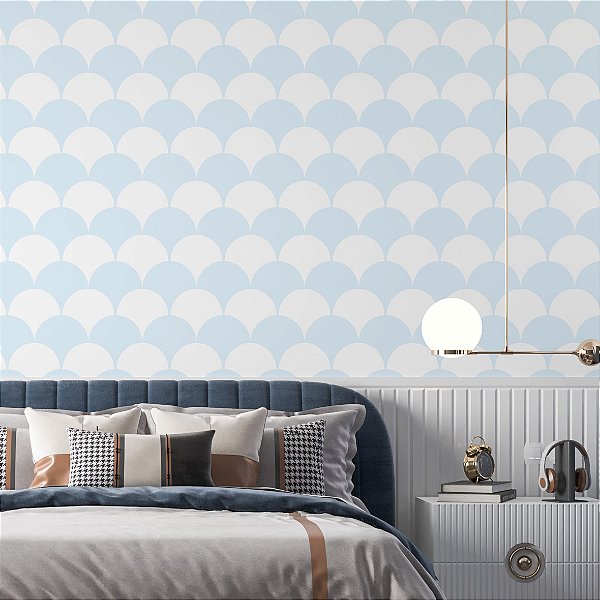 Papel de Parede Adesivo Vinil Ondas Escamas Azul Branca Quarto Infantil