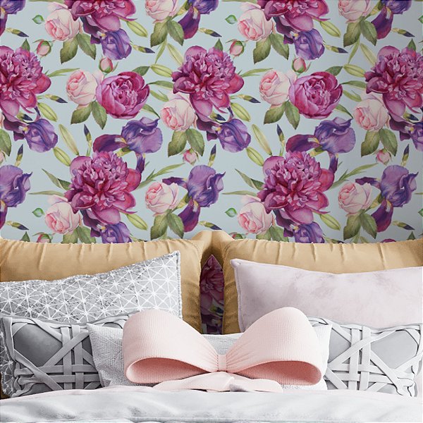 Papel de Parede Adesivo Vinil Flor Floral Roxa Pintura Turquesa Vintage Quarto Menina