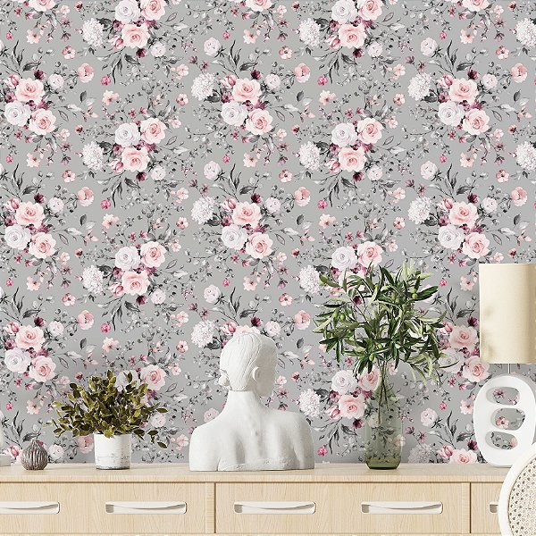 Papel de Parede Adesivo Vinil Floral Rosa Cinza Vintage Elegante Sala Quarto