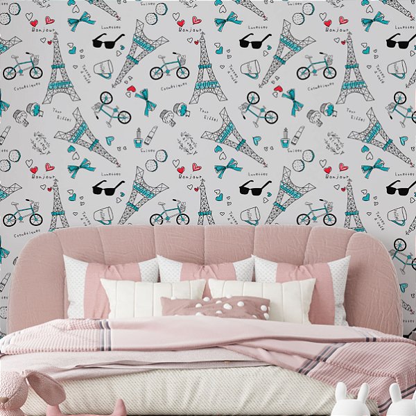 Papel de Parede Adesivo Vinil Torre Eiffel Azul Turquesa Desenho Moderno Quarto Meninas