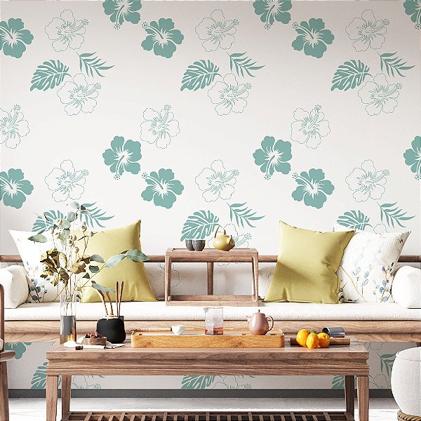 Papel de Parede Adesivo Vinil Flor Costela Adão Verde Turquesa Sala Quarto