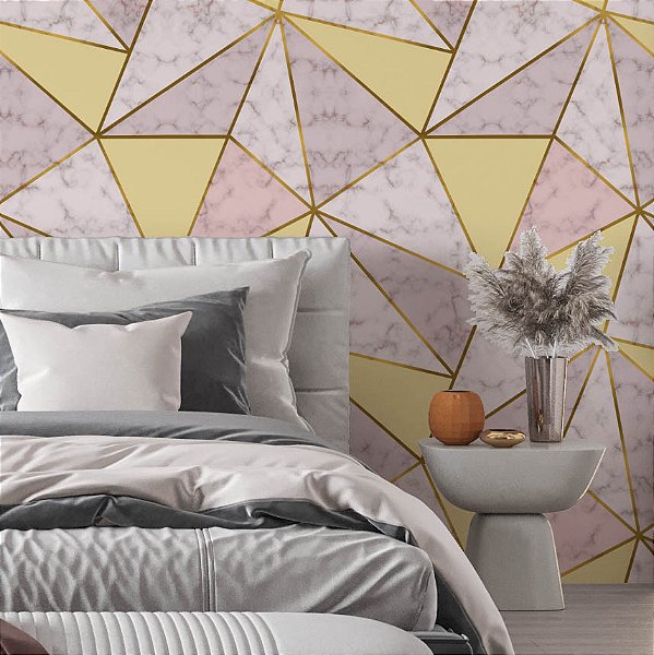 Papel de Parede Adesivo Vinil Zara Mámore Amarelo Rosa Gold Sala Quarto
