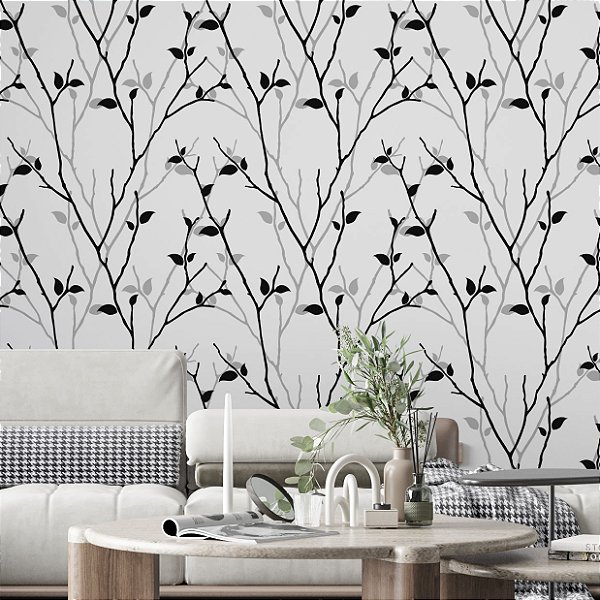 Papel de Parede Adesivo Vinil Galhos de Árvore Preto Ramos Vintage Sala Quarto Cozinha