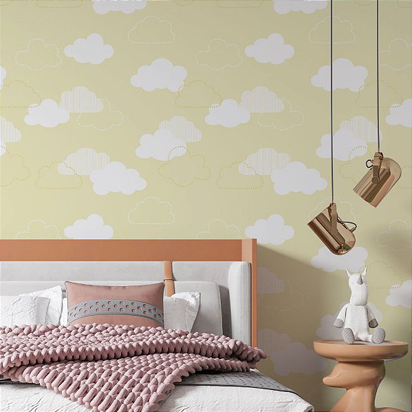 Papel de Parede Adesivo Vinil Nuvens Amarela Fofo Céu Quarto Menina