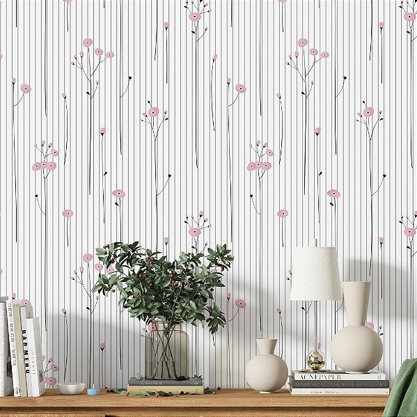 Papel de Parede Adesivo Vinil Flor Rosa Listras Fofo Sala Quarto Menina