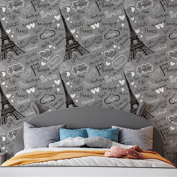 Papel de Parede Adesivo Vinil Paris France Cinza e Preto Moderno Teen Quarto Menina