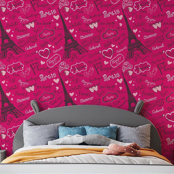 Papel de Parede Adesivo Vinil Paris Torre Eiffel Pink Moderno Teen Quarto Meninas