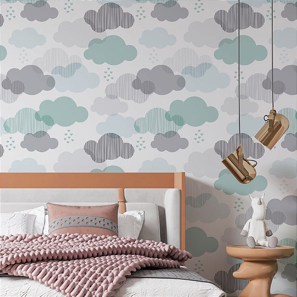 Papel de Parede Adesivo Vinil Nuvem Chuva Cinza Azul Turquesa Fofo Quarto Infantil
