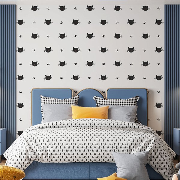 Papel de Parede Adesivo Vinil Gato Pata Preto Branco Fofo Quarto Infantil Meninas
