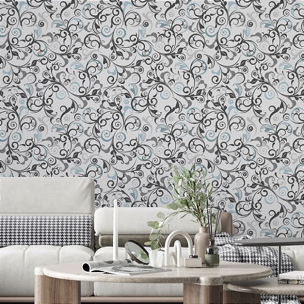 Papel de Parede Adesivo Vinil Arabescos Provençal Azul Preto Cinza Quarto Sala Cozinha