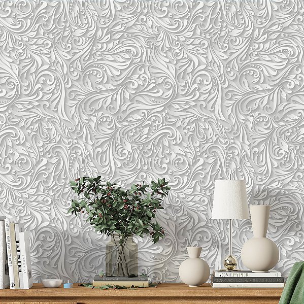 Papel de Parede Adesivo Vinil Arabesco Provençal Ramo Efeito 3D Branco Sala Quarto