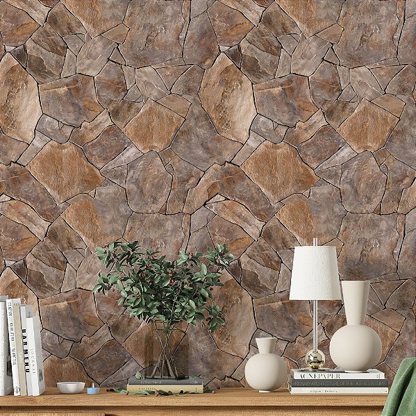 Papel de Parede Adesivo Vinil Pedras Efeito Realismo Rústico Marrom Sala Quarto Cozinha