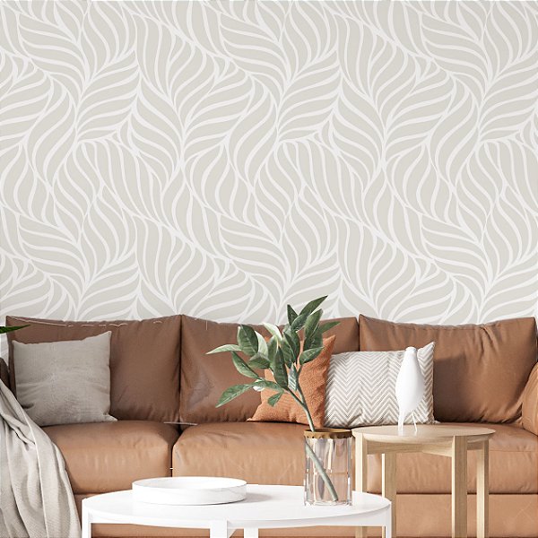 Papel de Parede Adesivo Vinil Onda Folhas Linha Branco Cinza Bege Elegante Sala Quarto