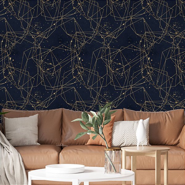 Papel de Parede Adesivo Vinil Abstrato Azul Linhas Douradas Elegante Sala Quarto