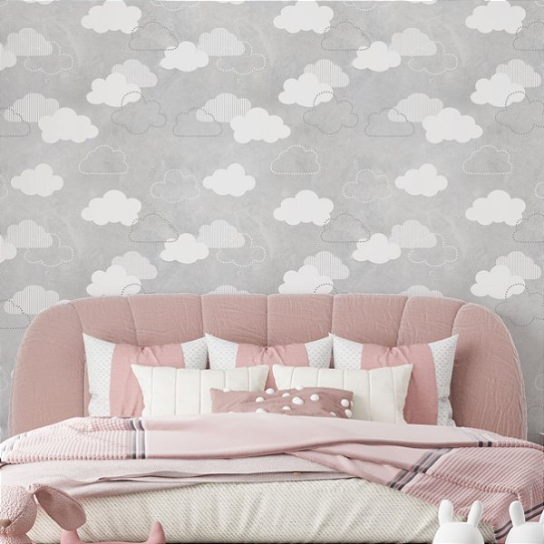 Papel de Parede Adesivo Vinil Nuvens Cinza Cimento Queimado Fofo Quarto Infantil