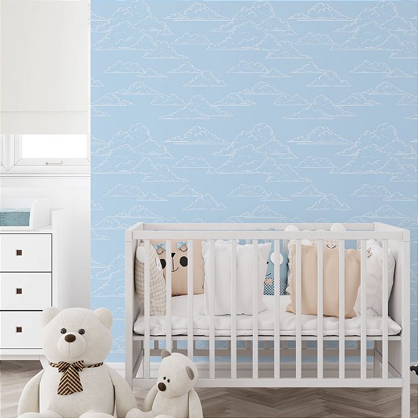 Papel de Parede Adesivo Vinil Nuvem Azul Branco Desenho Quarto Infantil