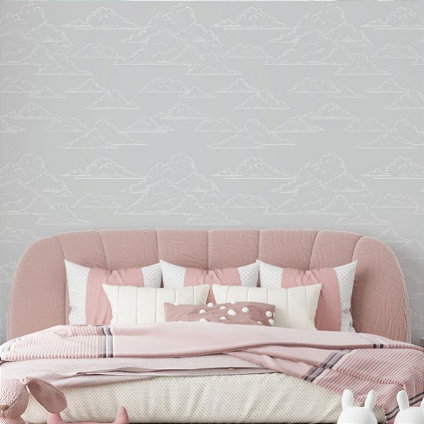 Papel de Parede Adesivo Vinil Nuvem Desenho Cinza Branco Quarto Infantil