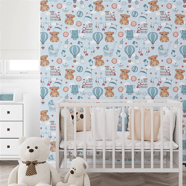 Papel de Parede Adesivo Vinil Balões Bebê Urso Trem Brinquedos Fofo Quarto Infantil