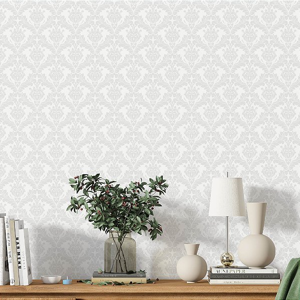 Papel de Parede Adesivo Vinil Cinza Branco Provençal Arabesco Elegante Sala Cozinha Quarto
