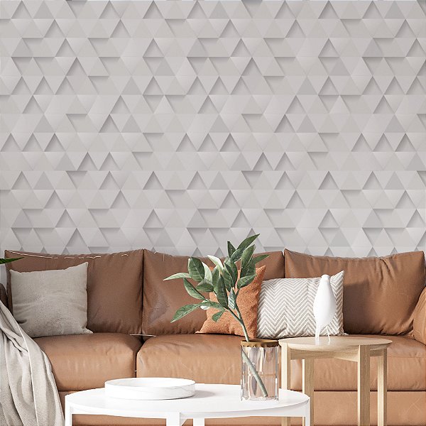 Papel de Parede Adesivo Vinil Triângulo Efeito 3D Branco Cinza Sala Quarto