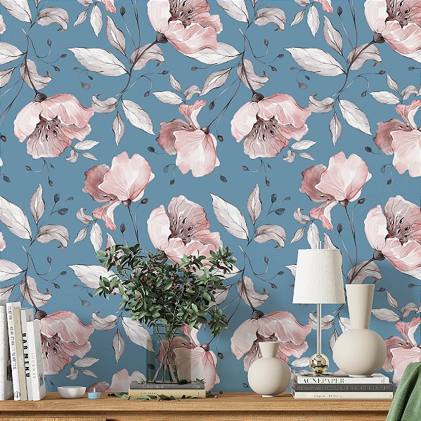 Papel de Parede Adesivo Vinil Flores Rosa Floral Aquarela Azul Elegante Sala Quarto