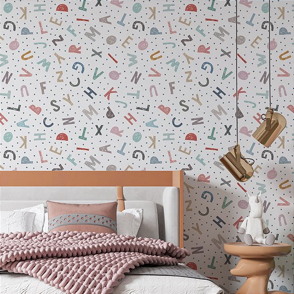 Papel de Parede Adesivo Vinil Alfabeto ABC Letras Colorido Bolinhas Quarto Infantil