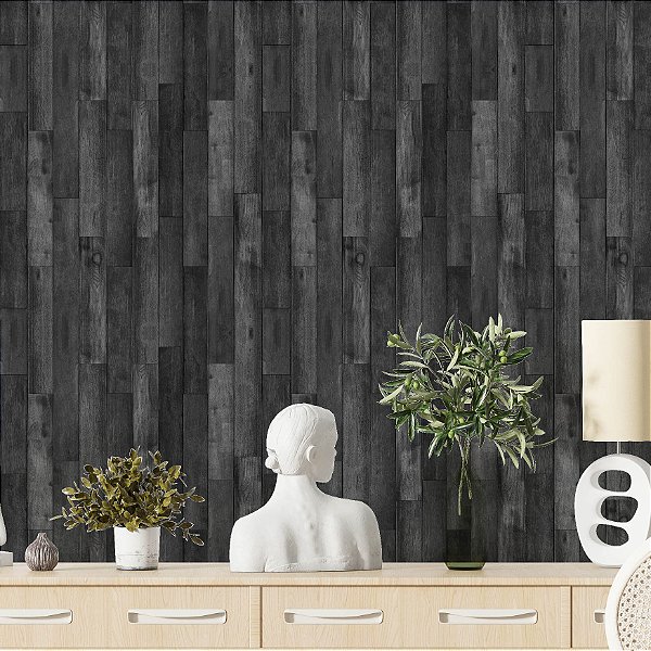 Papel de Parede Adesivo Vinil Madeira Preto Cinza Ripas Vertical Sala Quarto