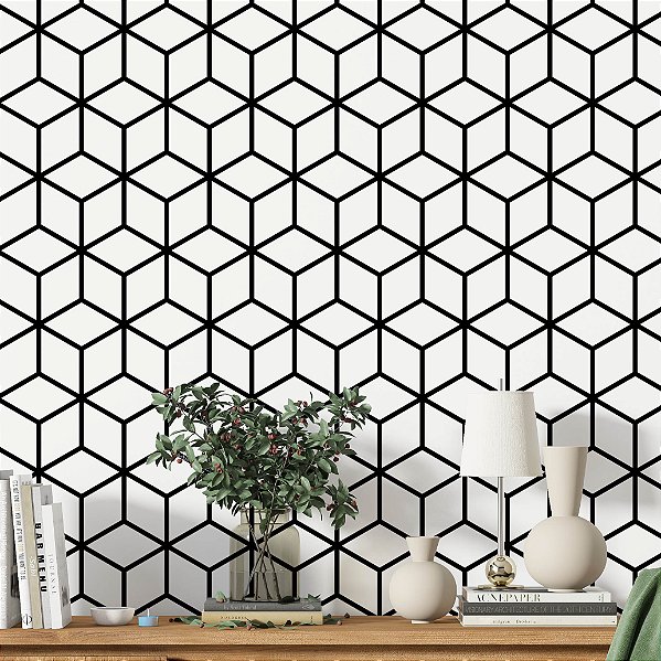 Papel de Parede Adesivo Vinil Quadrado Geométrico 3D Preto e Branco Sala Quarto