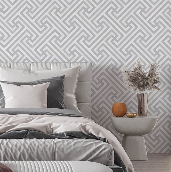 Papel de Parede Adesivo Vinil Linha Abstrato Cinza Labirinto Geométrico Sala Quarto