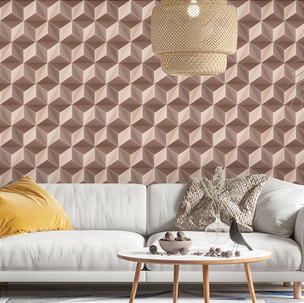 Papel de Parede Adesivo Vinil Rosê Ilusão Ótica Cubos 3D Bronze Moderno Sala Quarto
