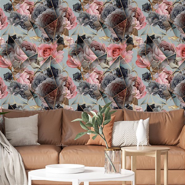 Papel de Parede Adesivo Vinil Rosas Abstrato Gold Flores Cinza Moderno Sala Quarto