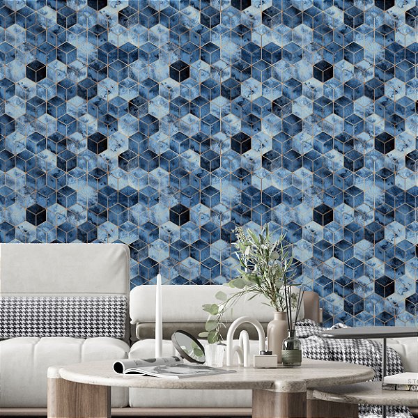 Papel de Parede Adesivo Vinil Cubos Aquarela Azul Marmorizado Gold Sala Quarto