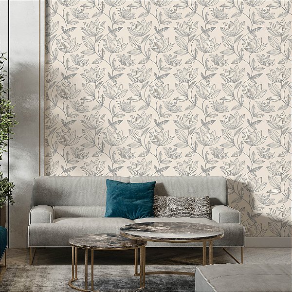 Papel de Parede Adesivo Vinil Flores Cinza Bege Provençal Elegante Vintage Sala Quarto Cozinha