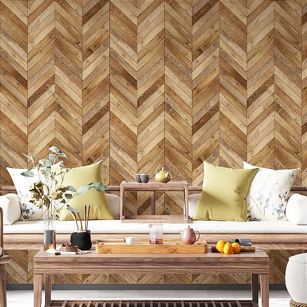 Papel de Parede Adesivo Vinil Chevron Zig-Zag  Tacos Madeira Clara Sala Cozinha Quarto