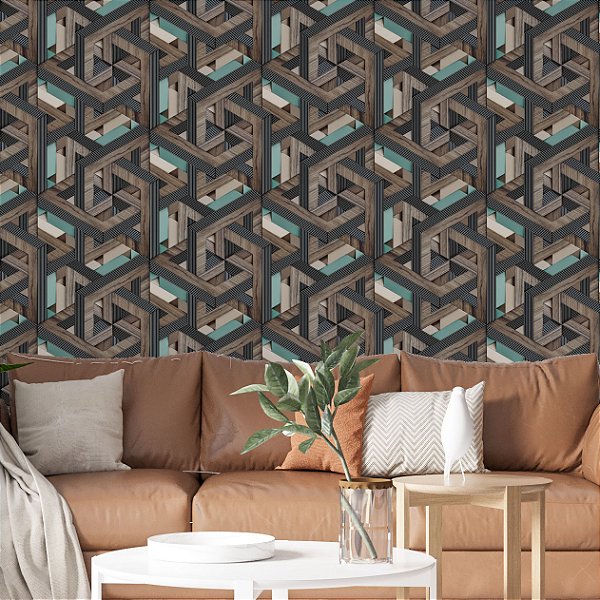 Papel de Parede Adesivo Vinil Abstrato Madeira Entrelaçada Turquesa Efeito 3D Sala Quarto Cozinha