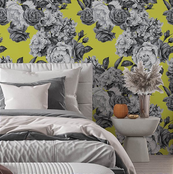 Papel de Parede Adesivo Vinil Flor Rosa Preto e Branco Amarelo Pintura Vintage Sala Quarto