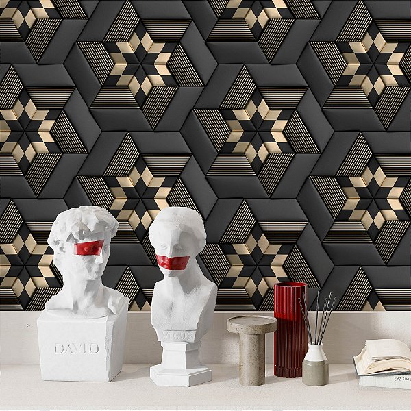 Papel de Parede Adesivo Vinil Efeito 3D Geométrico Gold Preto Grafite Sala Quarto