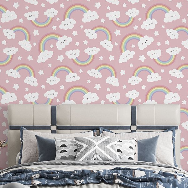 Papel de Parede Adesivo Vinil Nuvens Arco Iris Fofo Nuvens Bebe Quanrto Infantil