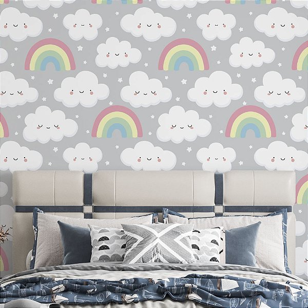 Papel de Parede Adesivo Vinil Nuvens Lilás Céu Fofo Cinza Quarto Infantil