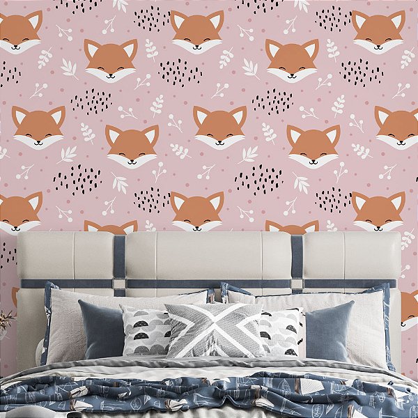 Papel de Parede Adesivo Vinil Raposinhas Rosa Fofa Folhas Quarto Infantil Meninas