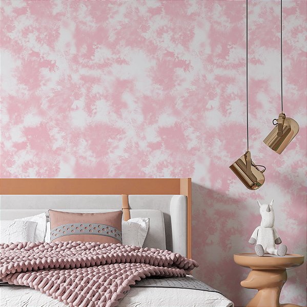 Papel de Parede Adesivo Vinil Tie Dye Rosa Branco Moderno Teen Sala Quarto Menina