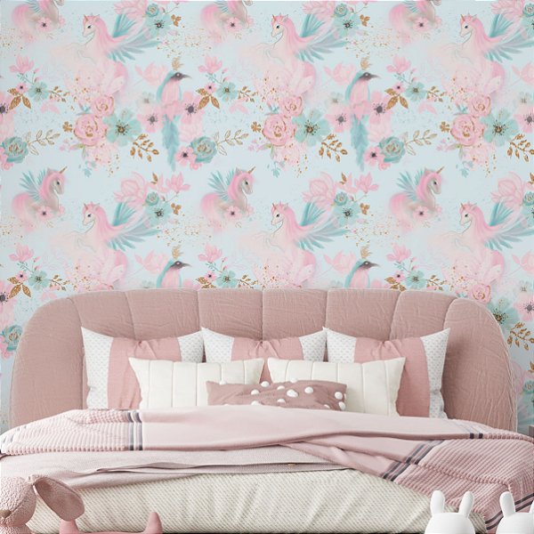 Papel de Parede Adesivo Vinil Unicórnios Com Flor Moderno Quarto Meninas
