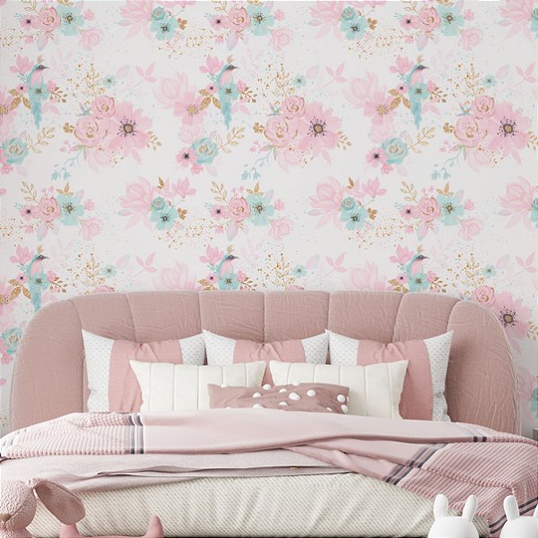 Papel de Parede Adesivo Vinil Passarinhos e Flor Rosa Verde Claro Gold Pintura Quarto Meninas