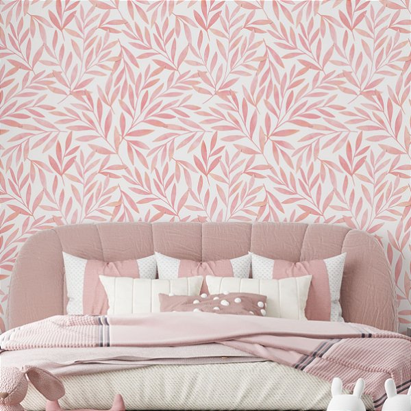 Papel de Parede Adesivo Vinil Folhas Ramos Rosa Abstrato Rosê Gold Sala Quarto Meninas