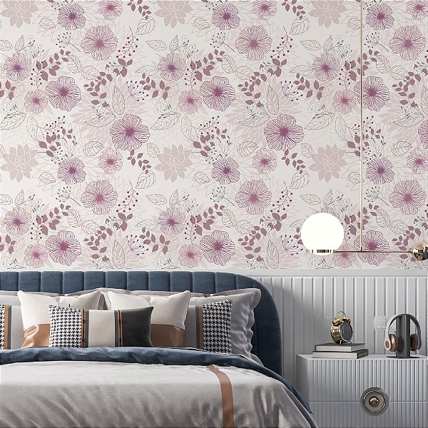 Papel de Parede Adesivo Vinil Floral Rosa E Branco Vintage Sala Quarto Menina