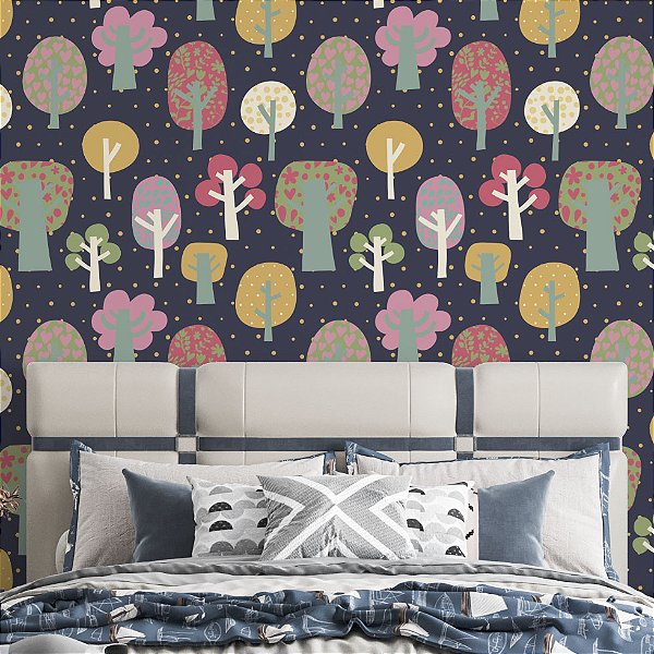 Papel de Parede Adesivo Vinil Árvores Fofo Colorido Azul Rosa Amarelo Quarto Infantil