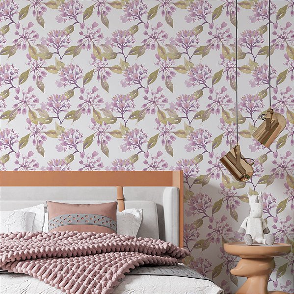 Papel de Parede Adesivo Vinil Floral Rosa Florzinhas Aquarela Roxa Vintage Sala Quarto Menina