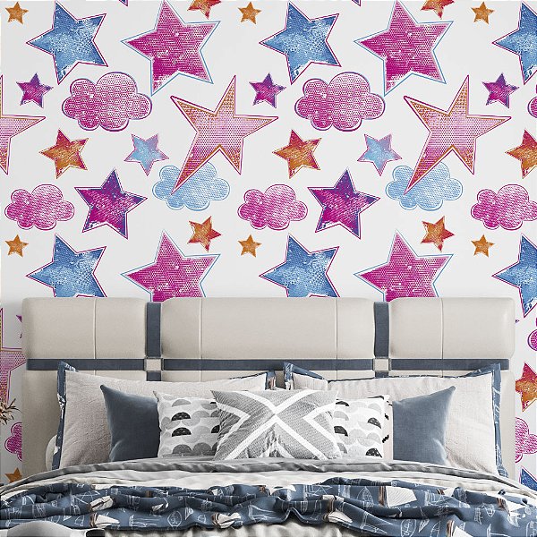 Papel de Parede Adesivo Vinil Menina Estrelas Nuvem Estreladas Pop Teen Quarto